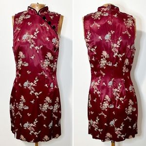 Vintage 90s Satin Asian Inspired Print Cheongsam Style Mini Dress Burgundy